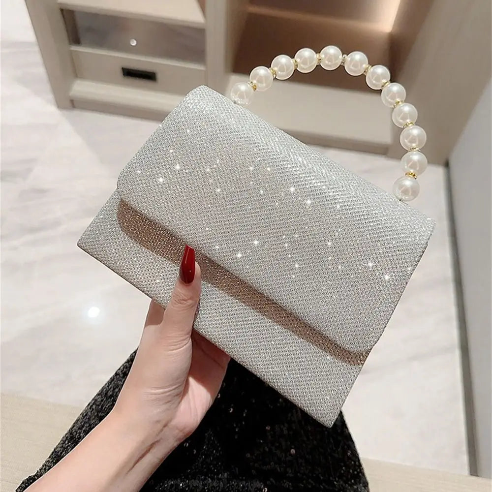 Silk Evening Clutch Gold Pearl Chain Bag