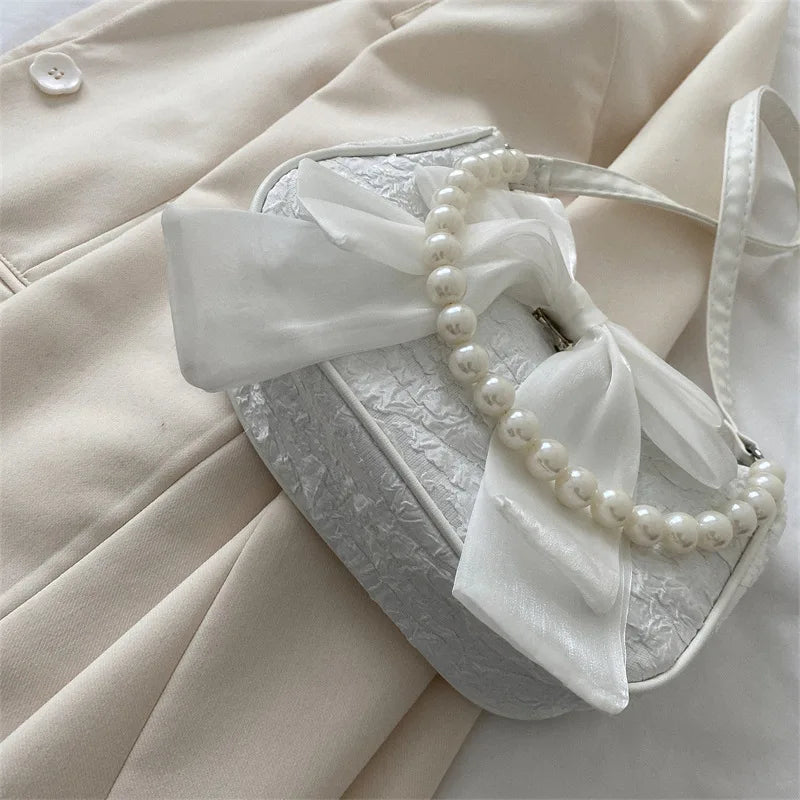 Pearl Bow Crossbody Canvas Shoulder Handbag