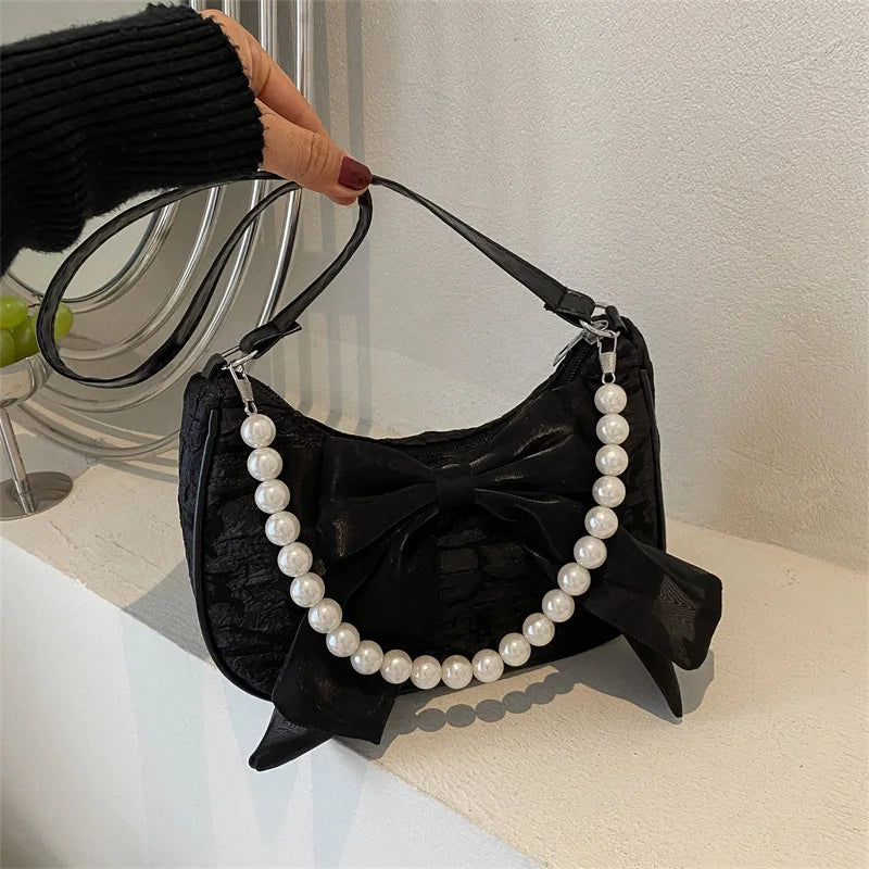 Pearl Bow Crossbody Canvas Shoulder Handbag