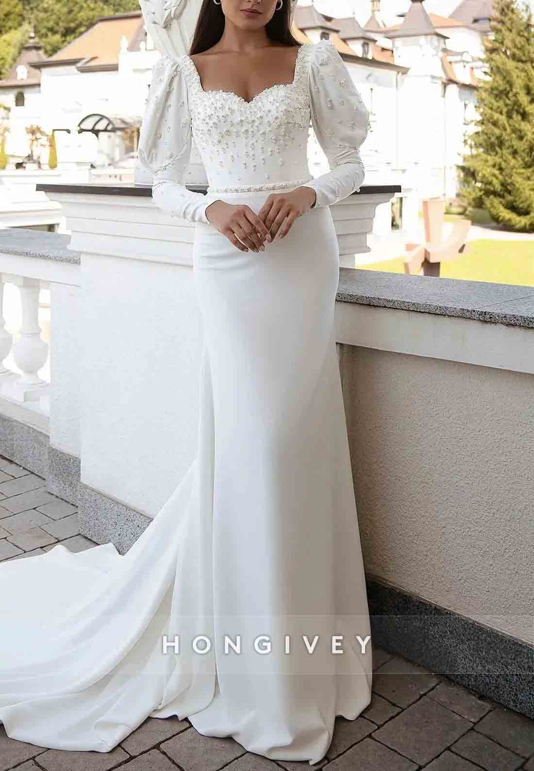 Sheath Long Sleeves Low Back Pearls Beading Sweetheart Wedding Dresses