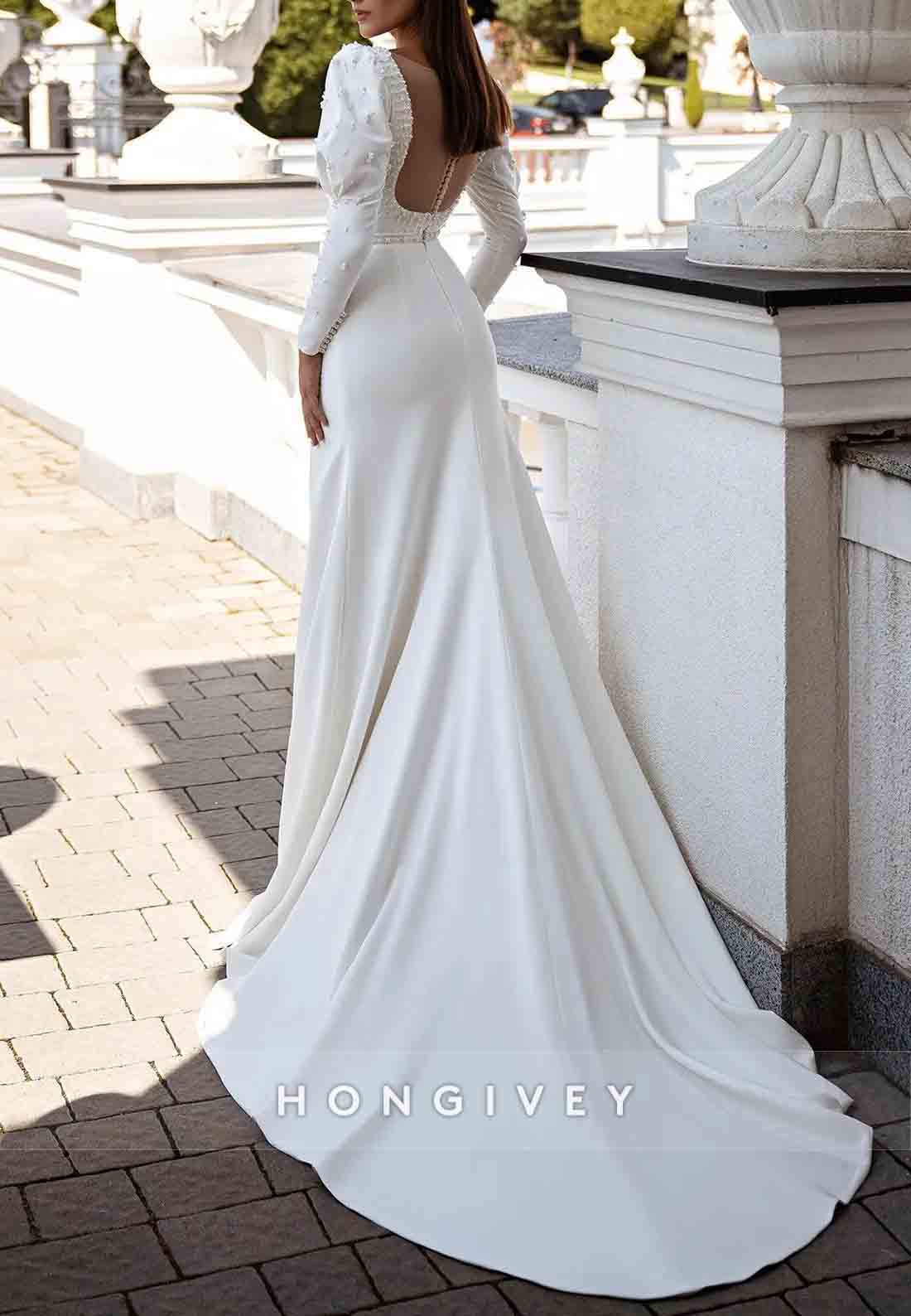 Sheath Long Sleeves Low Back Pearls Beading Sweetheart Wedding Dresses