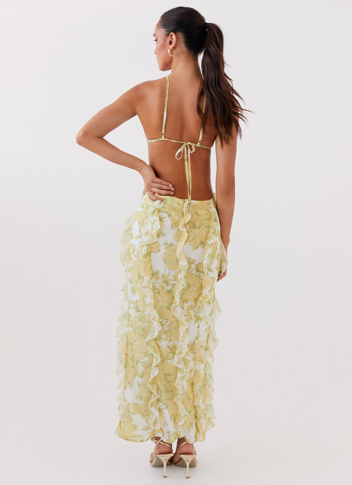 Floral Chiffon Spaghetti Strap Ruffle Cut Out Maxi Dress 3