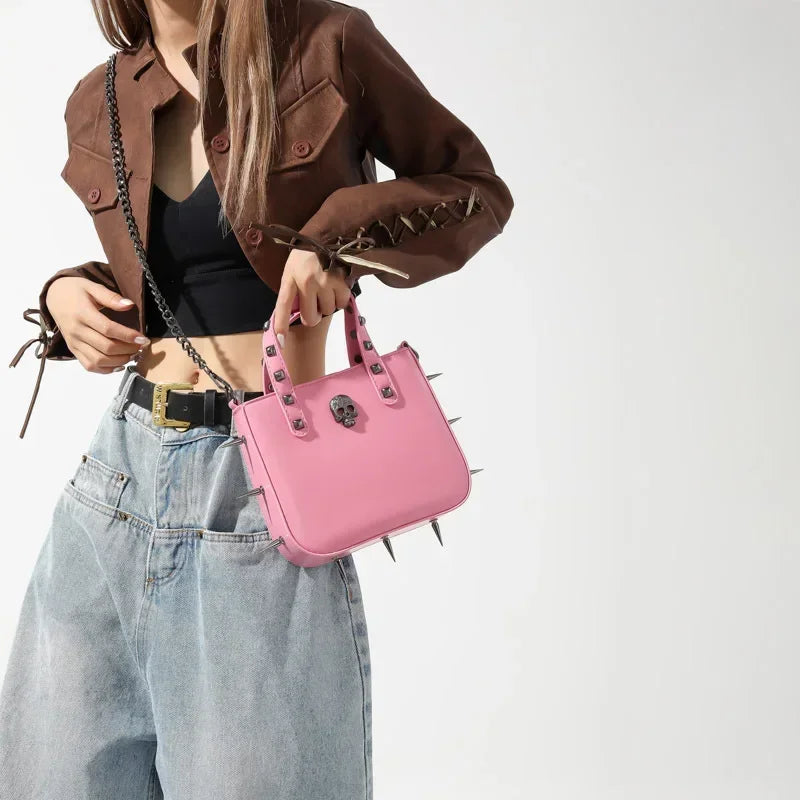 Punk Rivets Y2K Aesthetic Korean Gothic Casual Vintage Crossbody Shoulder Bag Pink Skull Halloween