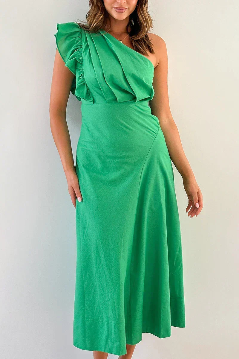 One Shoulder Ruffle Ruched Fit and Flare Midi Dress - View 4