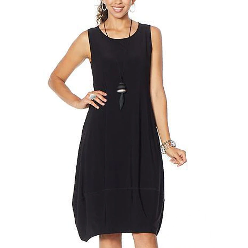 Sleeveless Round Neck Side Pocket Cocoon Shift Midi Dress - View 4