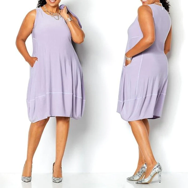 Sleeveless Round Neck Side Pocket Cocoon Shift Midi Dress - View 3