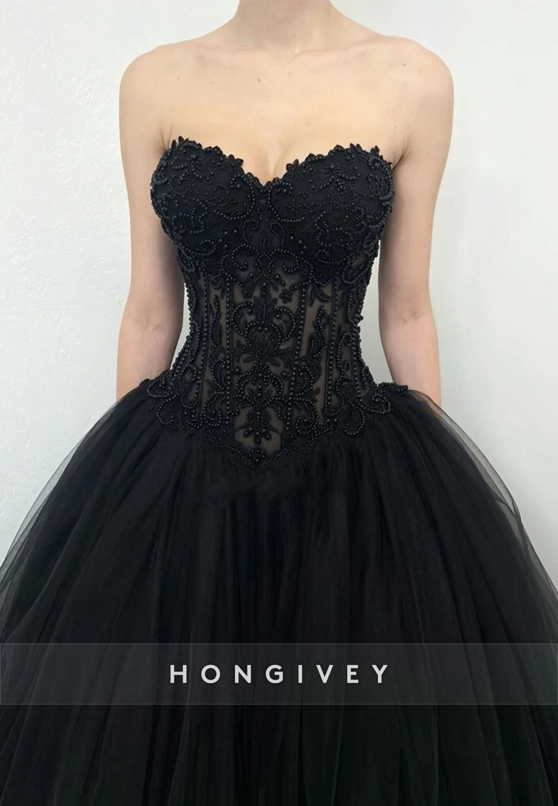 Balck Strapless Sweetheart Princess Empire Wedding Dresses with Beading Corset