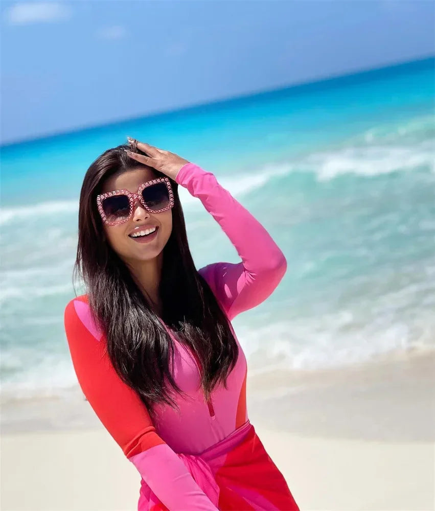 Pink Patchwork Zipper One Piece Swimsuit