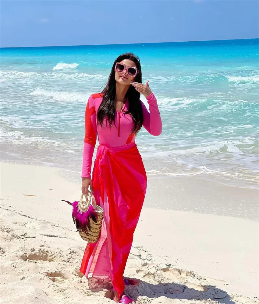 Pink Patchwork Zipper One Piece Swimsuit