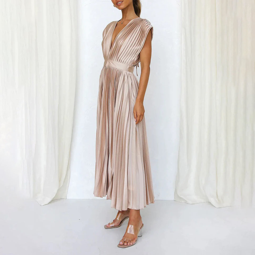 Pleated Satin Deep V-Neck Sleeveless Midi Dress 2