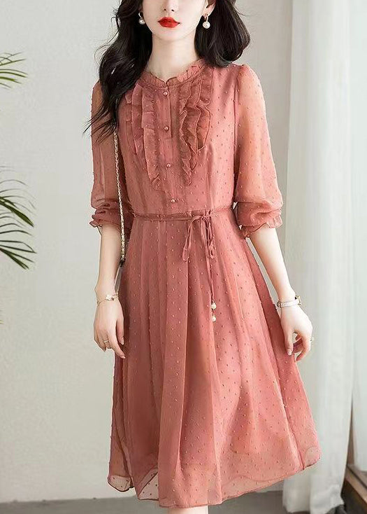 Chiffon Swiss Dot Ruffle Collar Button Front Tie Waist Midi Dress - View 3
