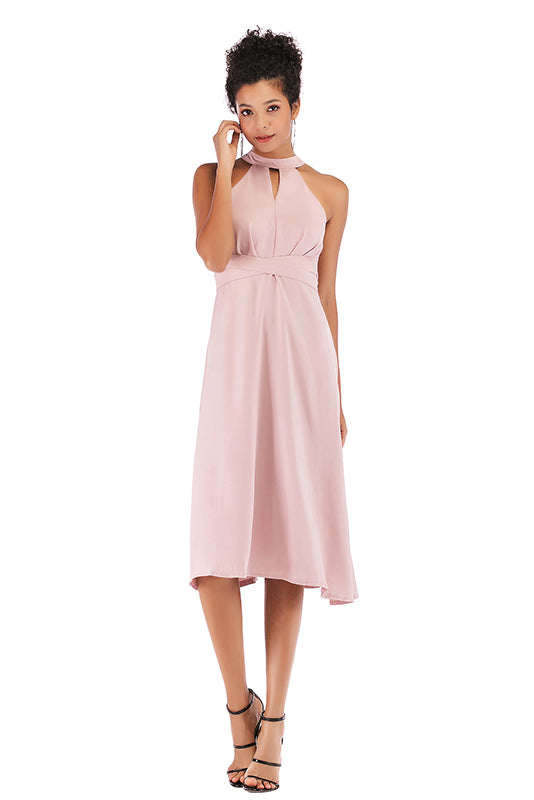 Pink Choker Neck Lace-up Chiffon Dress - Mislish