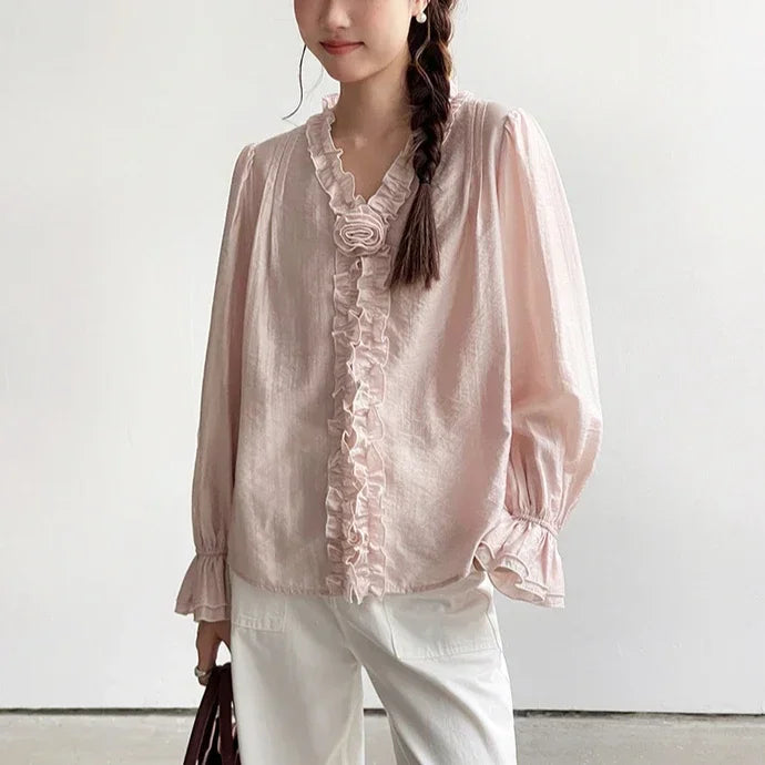 Pink Cotton Rayon Casual Long Sleeve V-Neck Boho Blouse