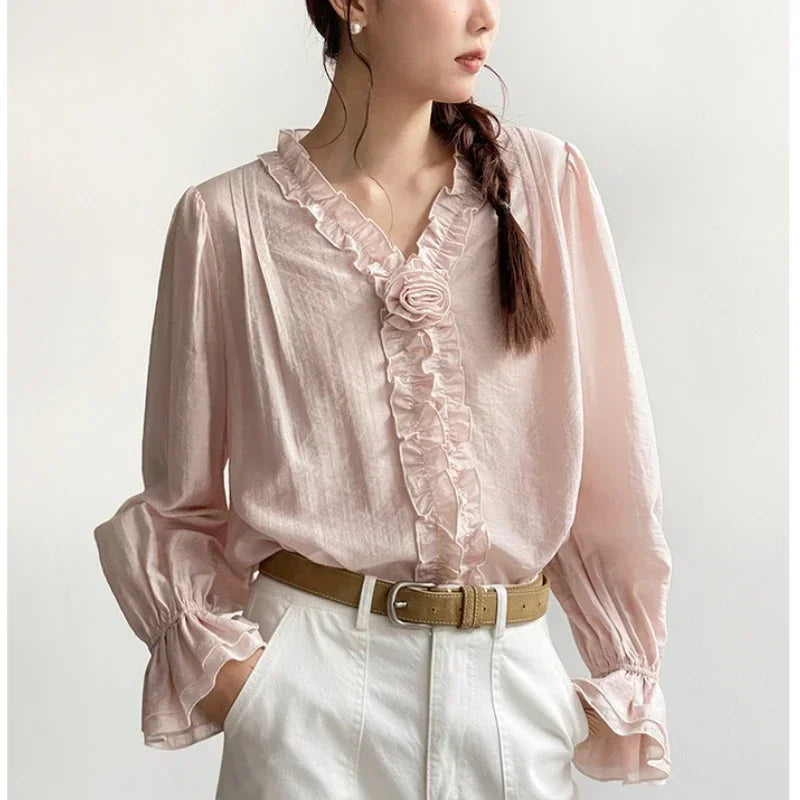 Pink Cotton Rayon Casual Long Sleeve V-Neck Boho Blouse