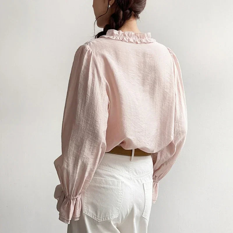 Pink Cotton Rayon Casual Long Sleeve V-Neck Boho Blouse
