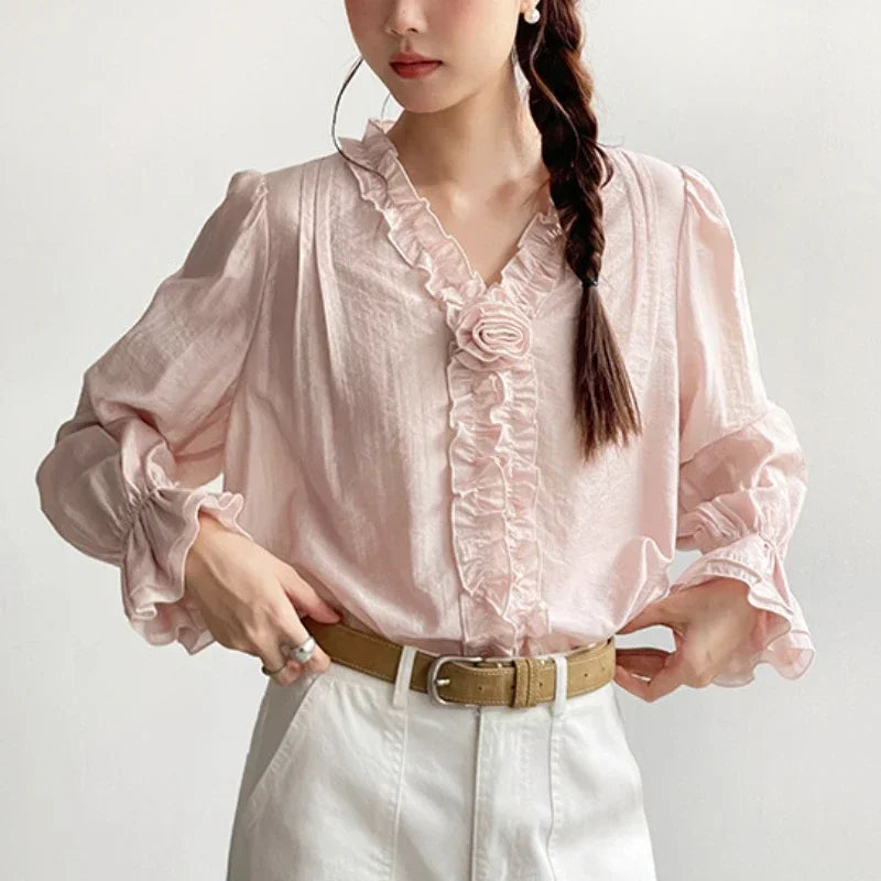 Pink Cotton Rayon Casual Long Sleeve V-Neck Boho Blouse