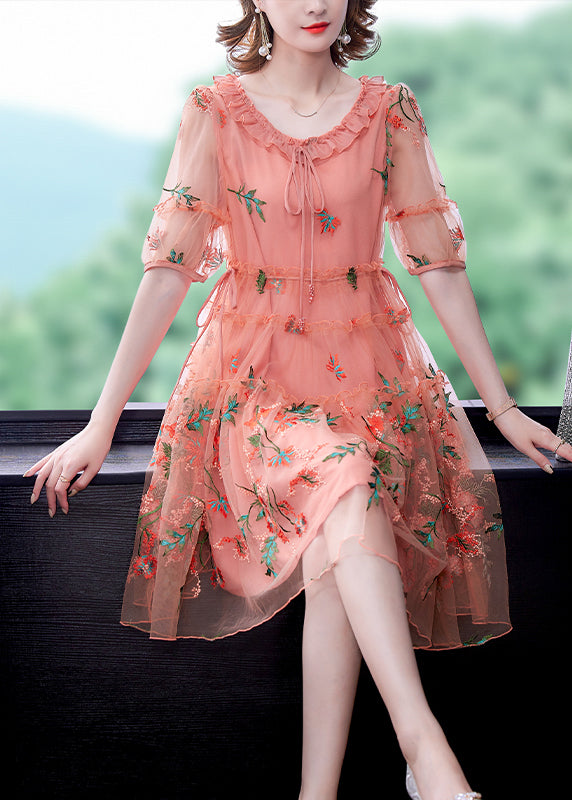 Floral Embroidered Ruffle Neck Puff Sleeve Tulle Midi Dress