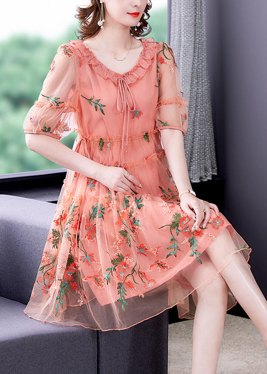 Floral Embroidered Ruffle Neck Puff Sleeve Tulle Midi Dress - View 2
