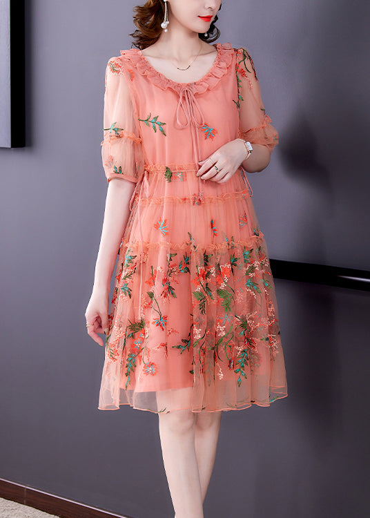 Floral Embroidered Ruffle Neck Puff Sleeve Tulle Midi Dress - View 3