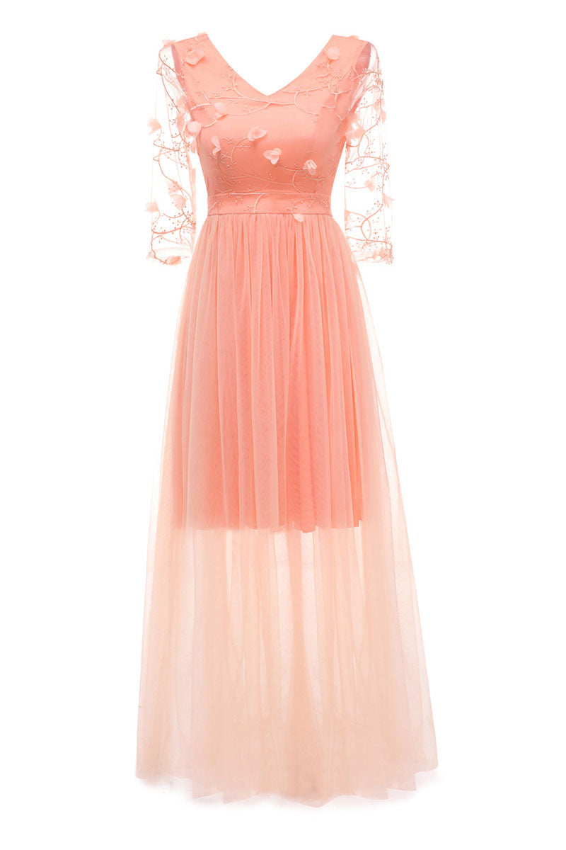 Burgundy Long V-neck Applique A-line Prom Dress With Sleeves