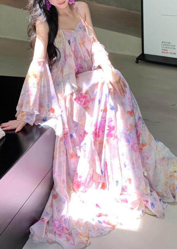 Spaghetti Strap Floral Chiffon Tiered Flowy Maxi Dress