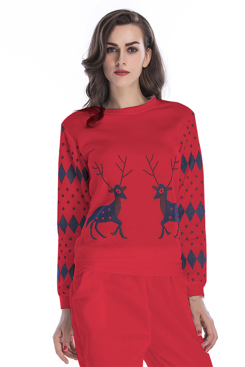 Pink Sika Deer Print Long Sleeve Sweatshirt - Mislish