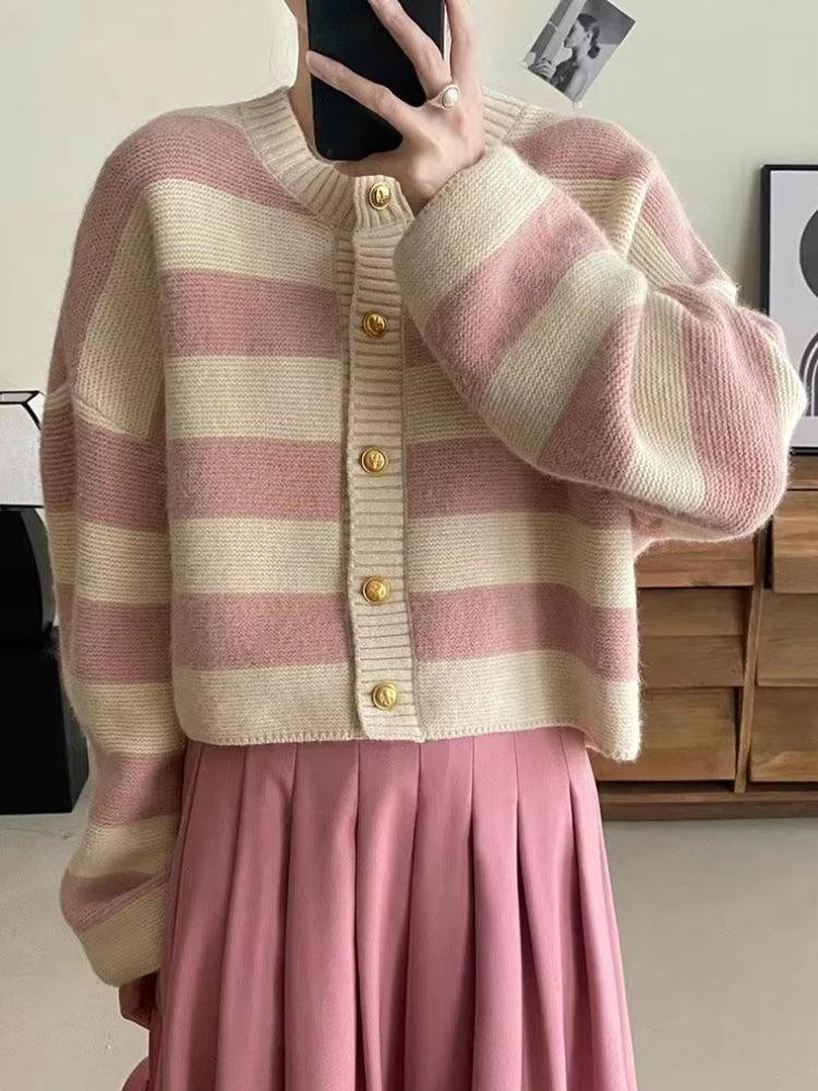 Pink Striped Knit Cardigan 2