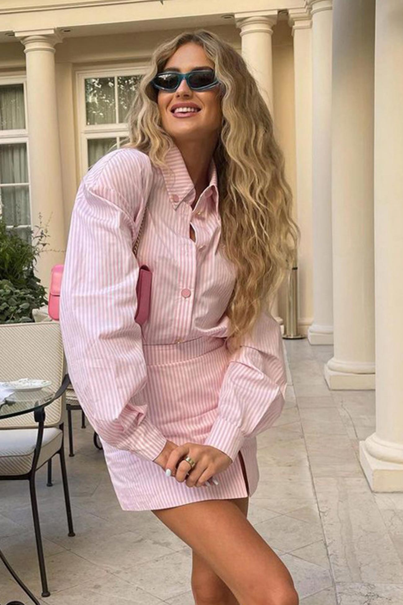 Pink Striped Print Shirt Mini Skirt Suits