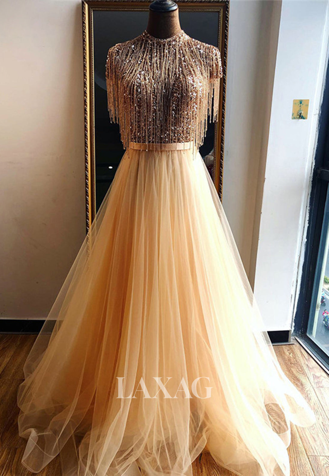 Unique High-Neck Cap-Sleeves Sequins Beaded Pleated Tulle A-Line Formal Evening Dress - Fashionpara