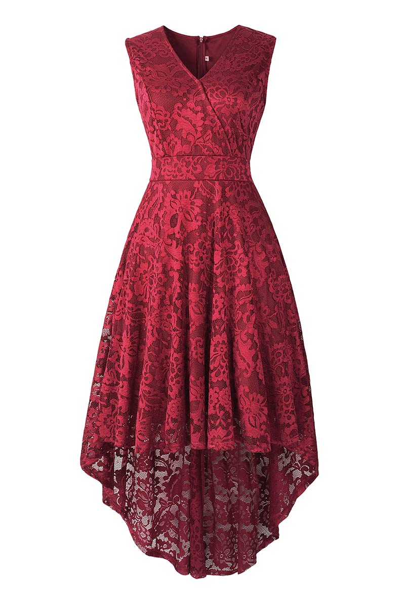 Pink V Neck Sleeveless High Low Lace Cocktail Dress - Mislish