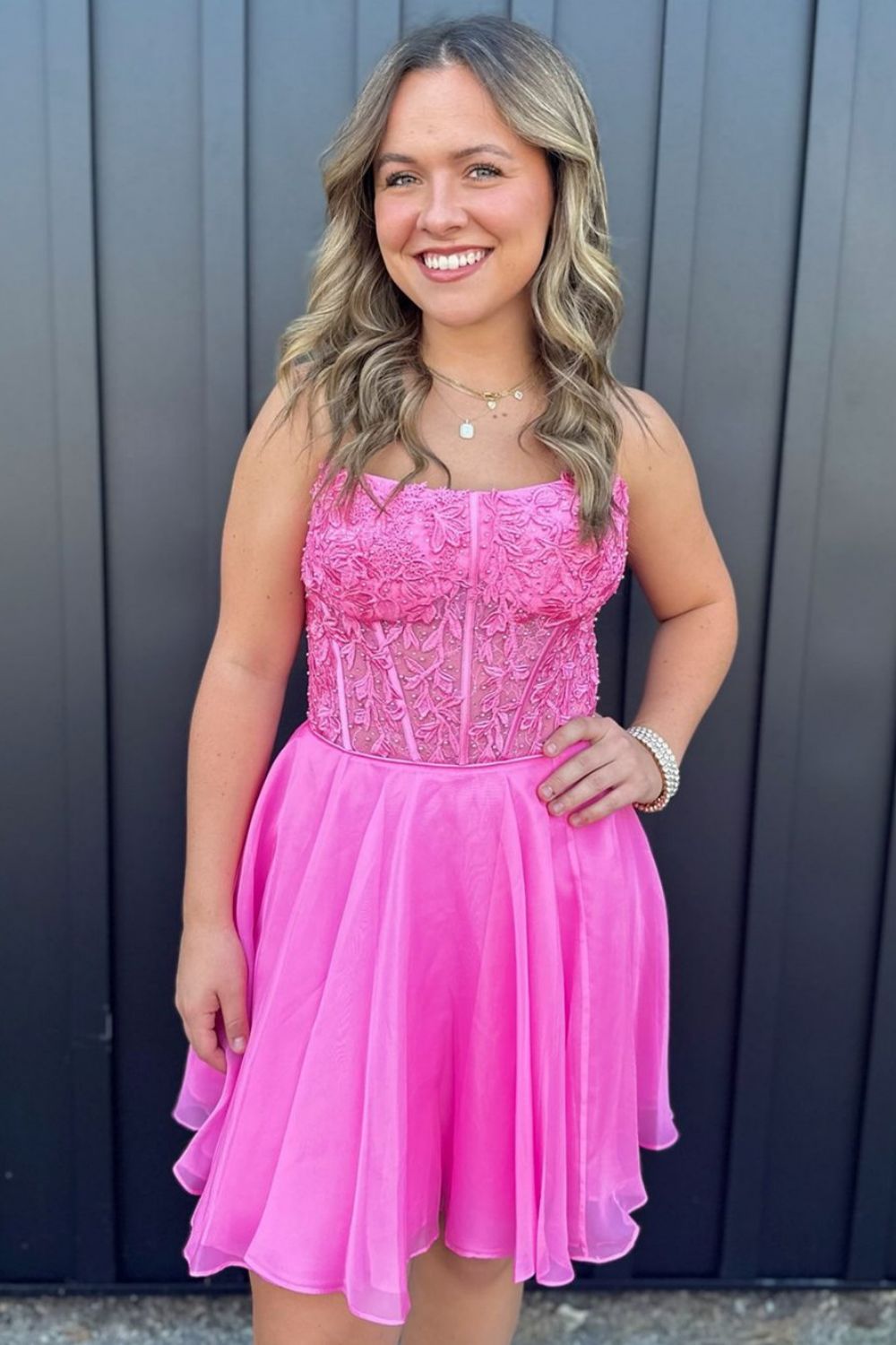 Pink A-Line Strapless Lace Top Short Tulle Homecoming Dress - Fashionpara