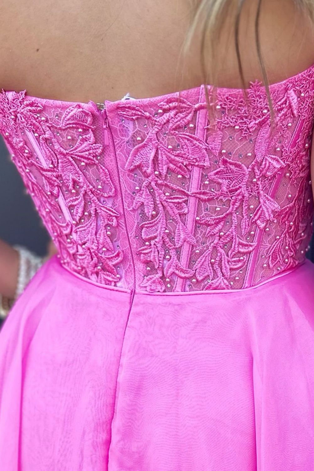 Pink A-Line Strapless Lace Top Short Tulle Homecoming Dress - Fashionpara