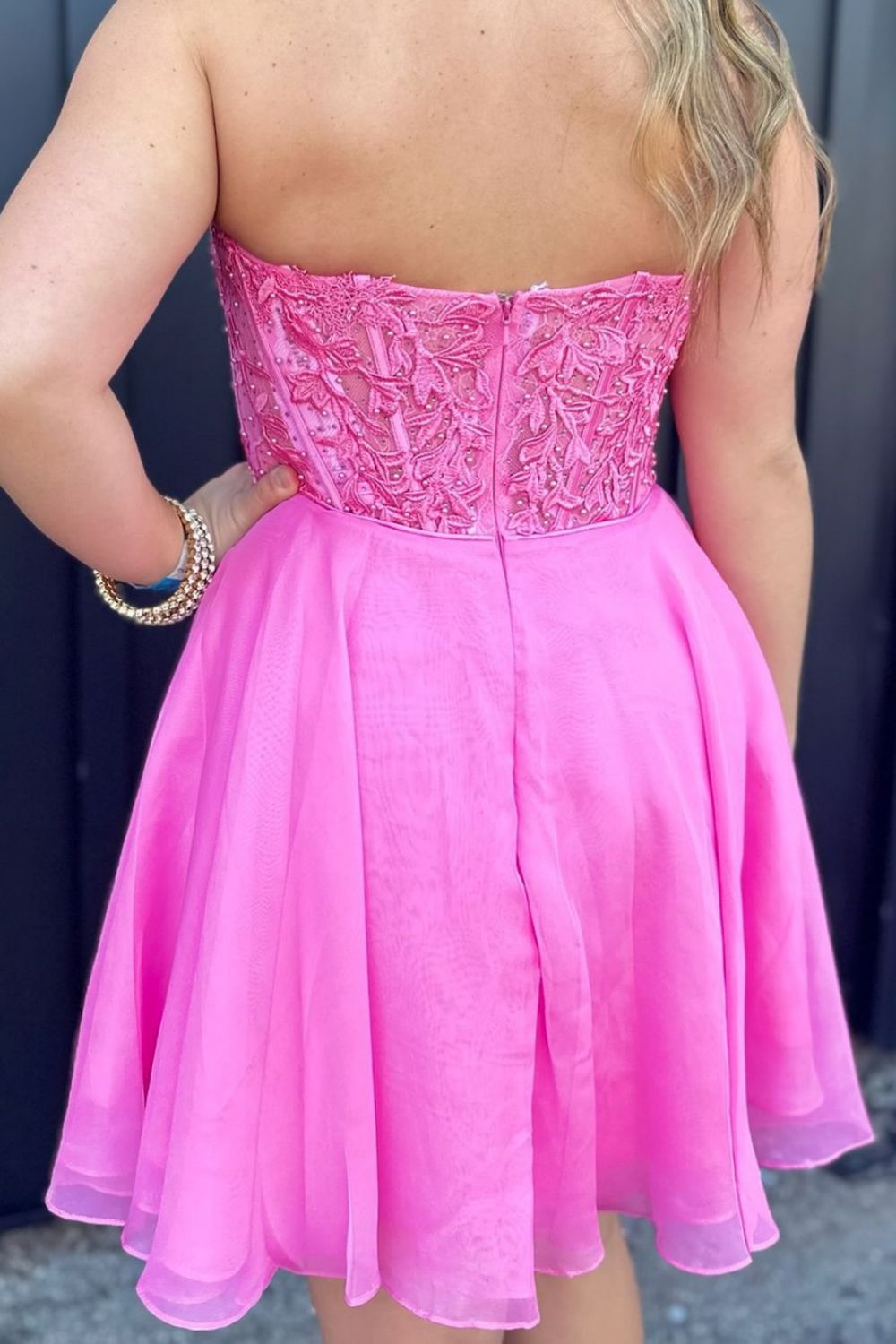 Pink A-Line Strapless Lace Top Short Tulle Homecoming Dress - Fashionpara