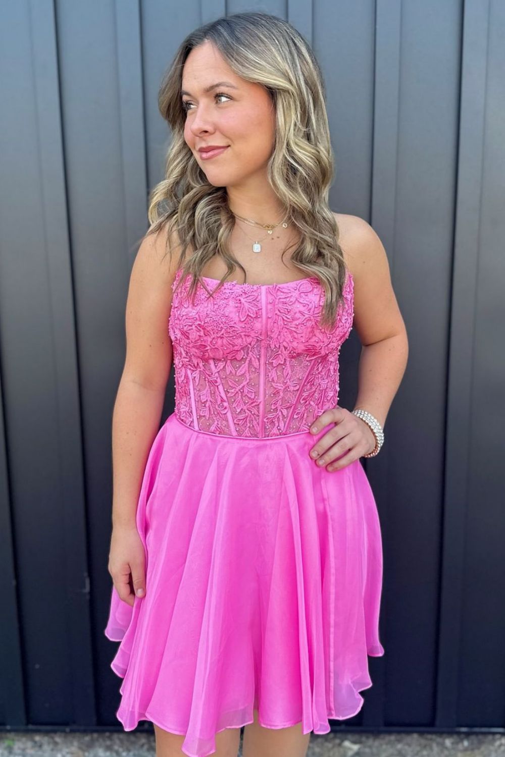 Pink A-Line Strapless Lace Top Short Tulle Homecoming Dress - Fashionpara