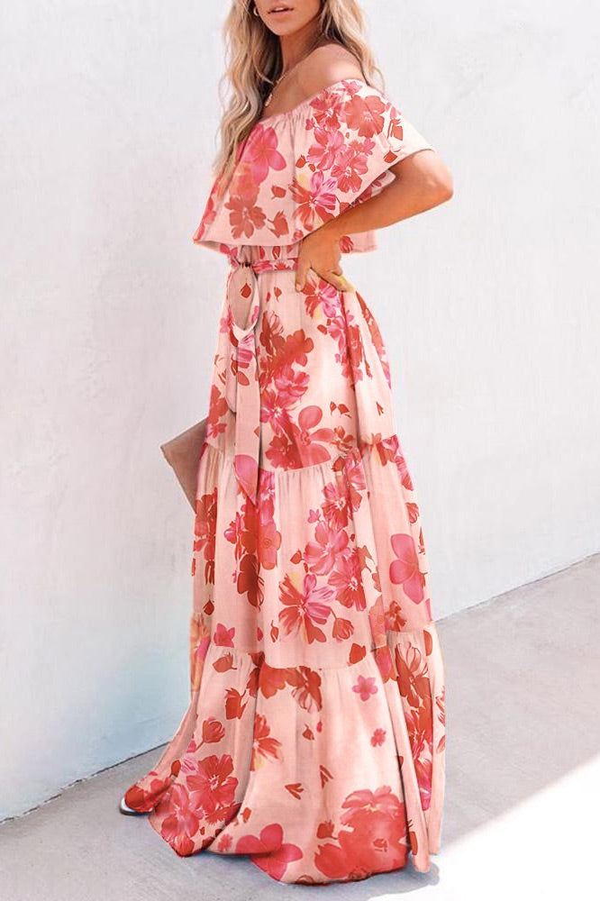 Plus Size Pink Print Off Shoulder Maxi Dress  Fashionpara