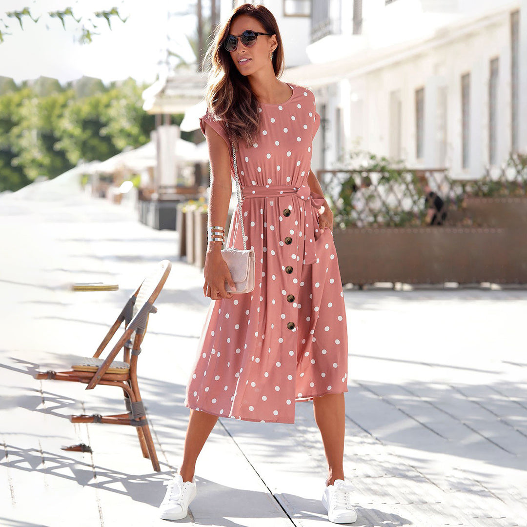Polka Dot Cap Sleeve Button Front Belted Pocket Midi Dress - View 2
