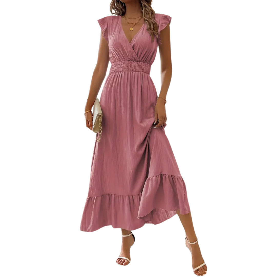 V-Neck Ruffle Cap Sleeve Smocked Waist Ruffle Hem Midi Dress 5