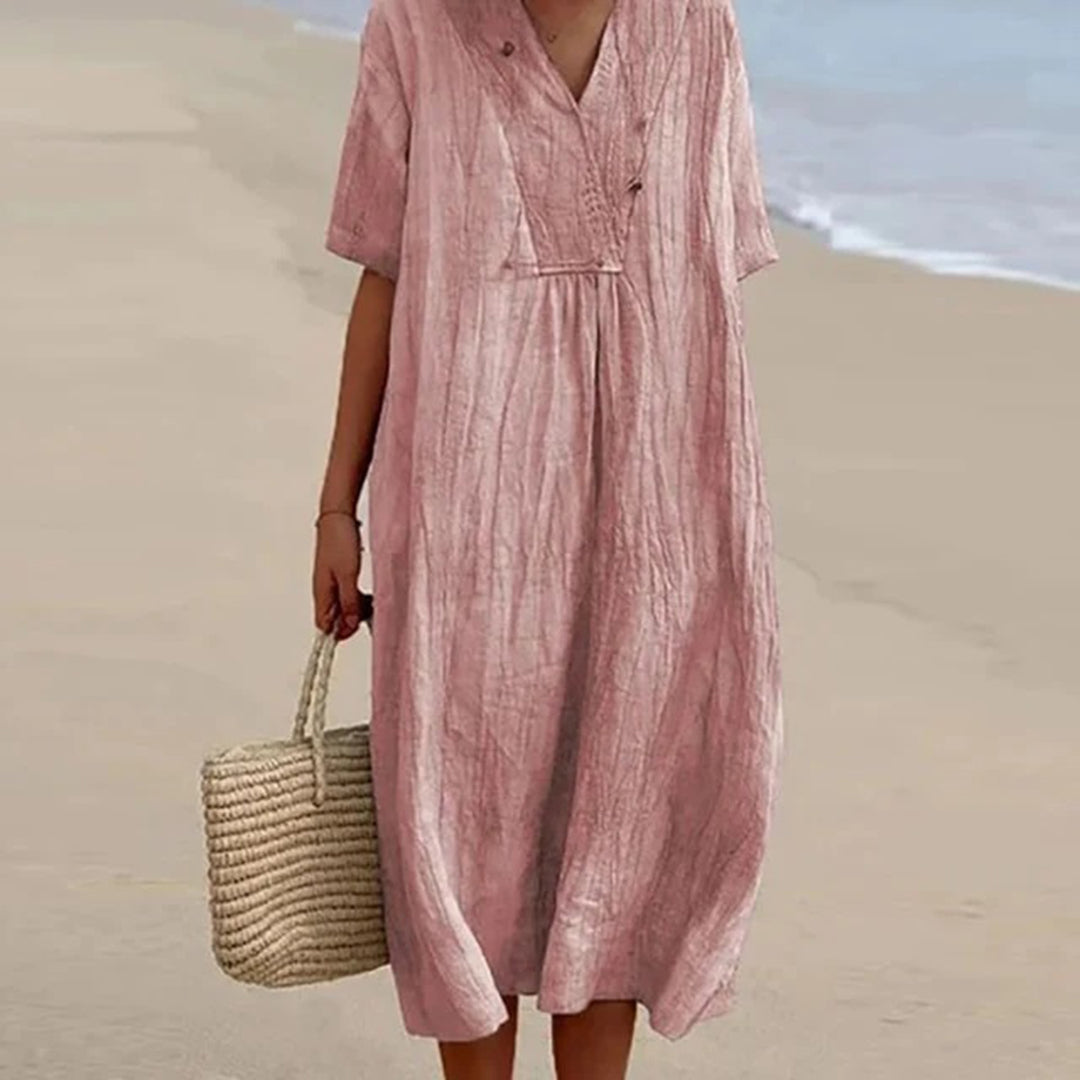 Split Neck Short Sleeve Linen Midi Dress 6