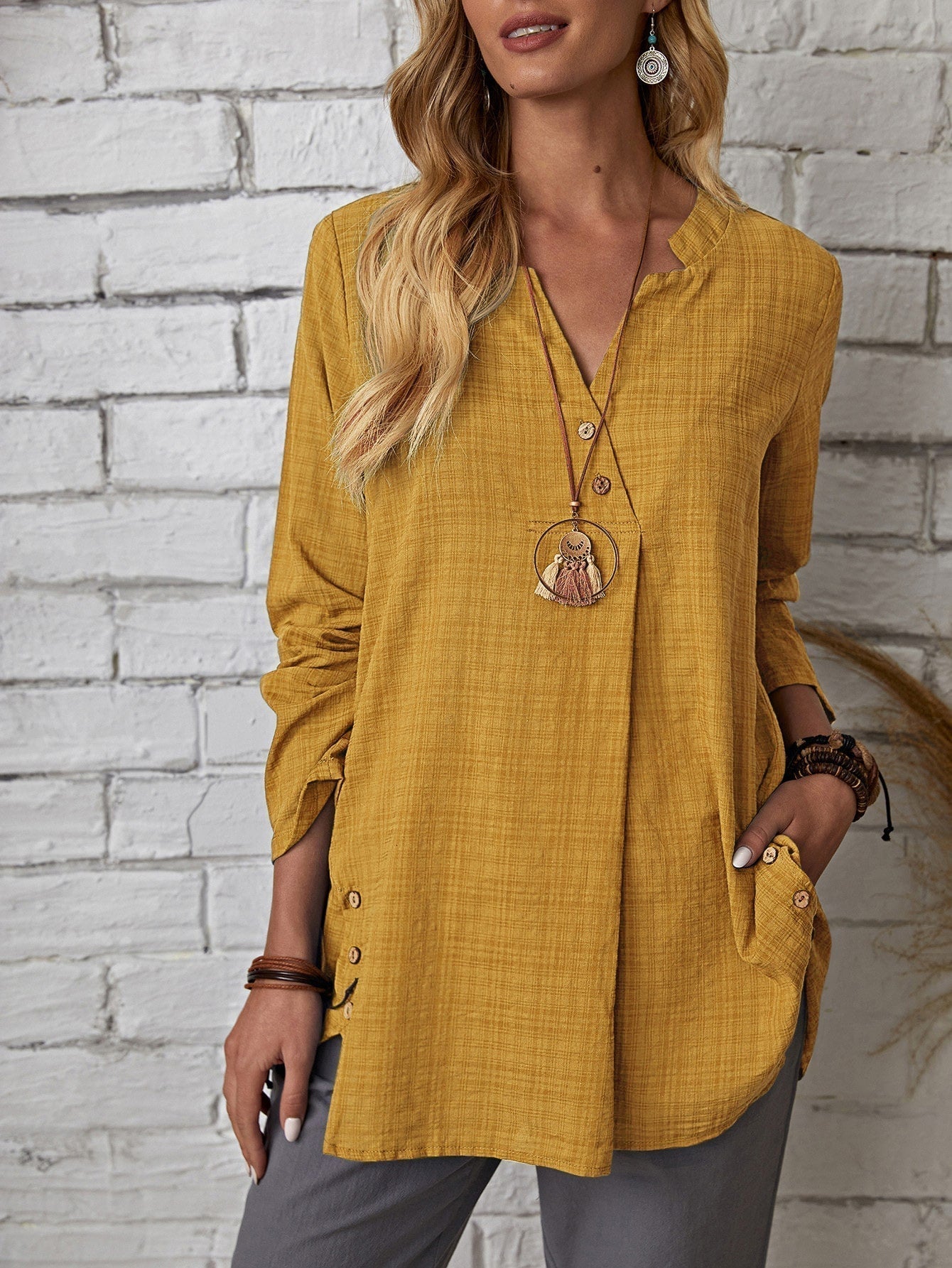 Plaid Notch Neck Blouse - Fashionpara