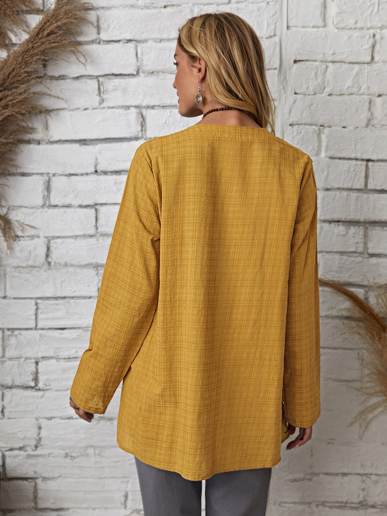 Plaid Notch Neck Blouse - Fashionpara