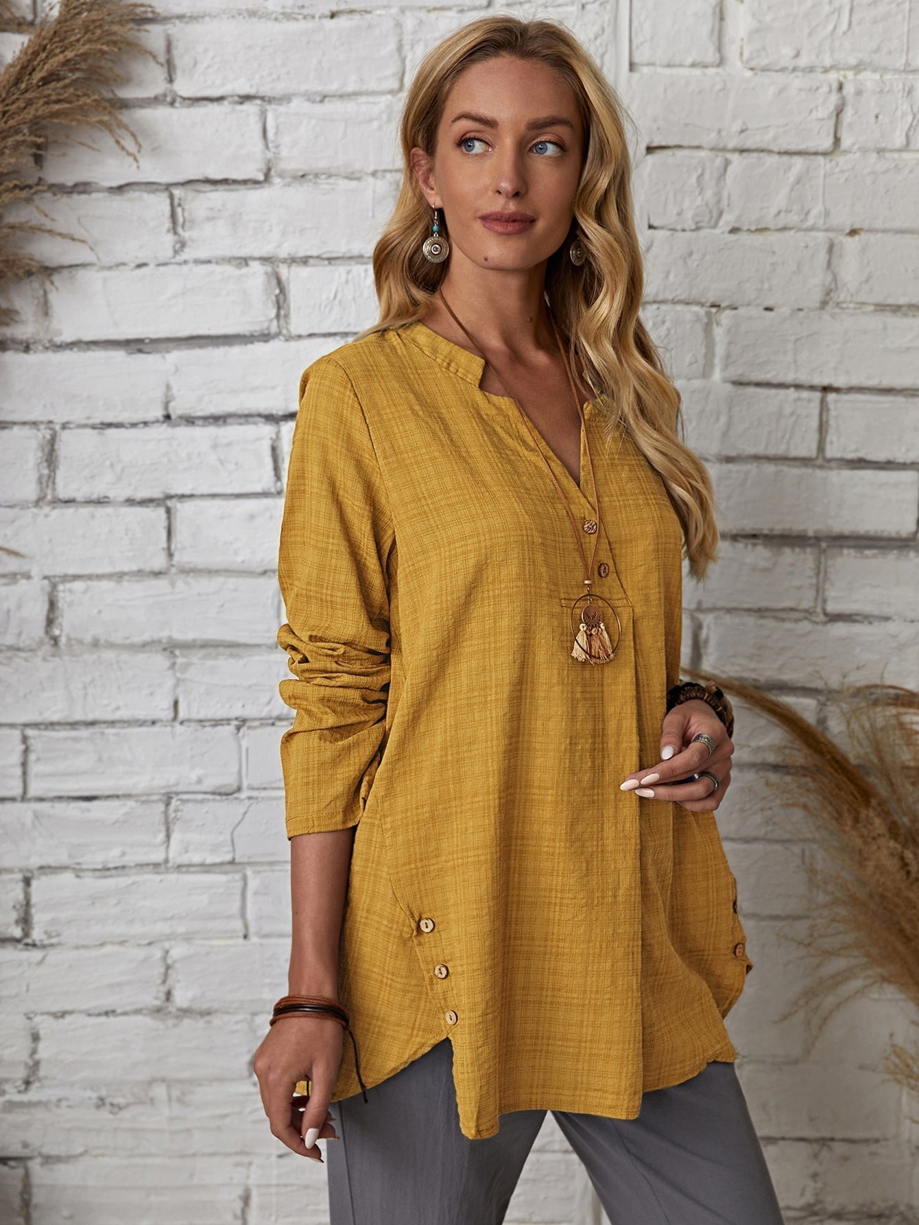 Plaid Notch Neck Blouse - Fashionpara