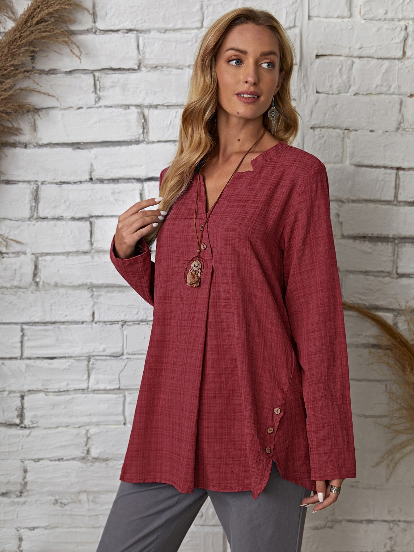 Plaid Notch Neck Blouse - Fashionpara