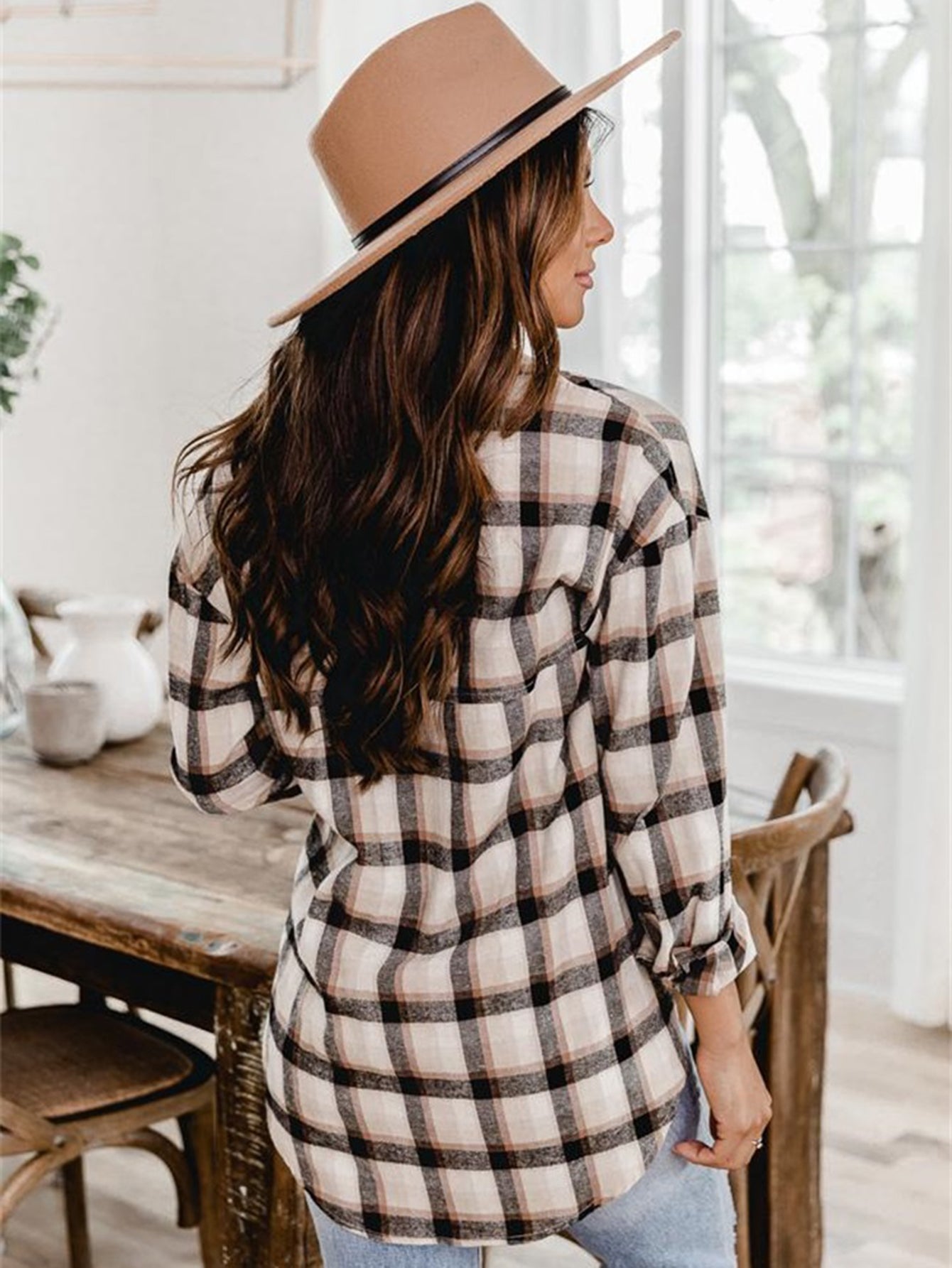 Plaid Print Drop Shoulder Blouse - Fashionpara