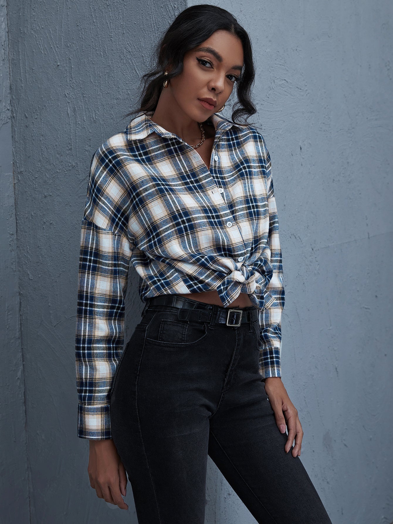 Plaid Print Drop Shoulder Blouse - Fashionpara