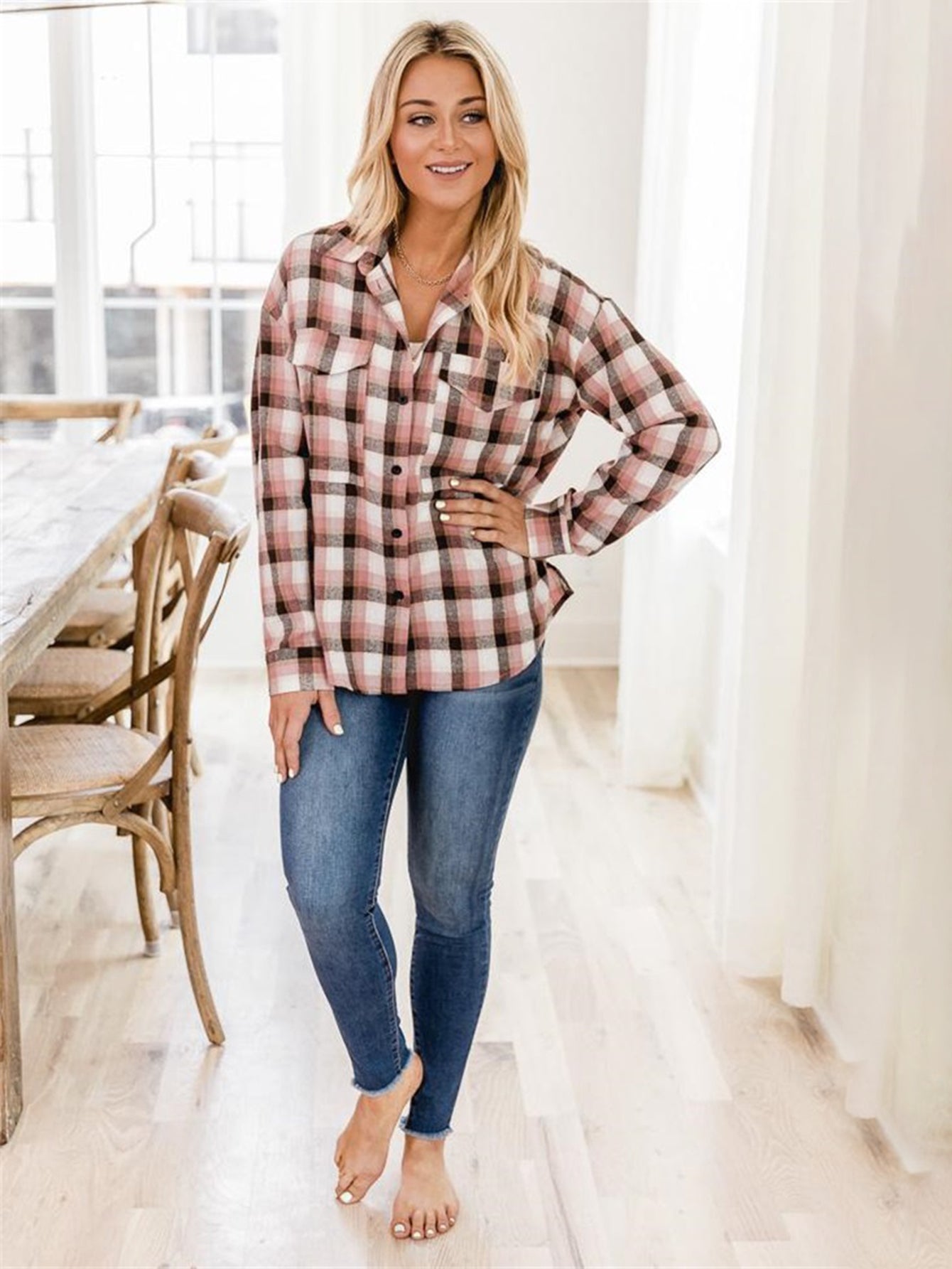 Plaid Print Drop Shoulder Blouse - Fashionpara