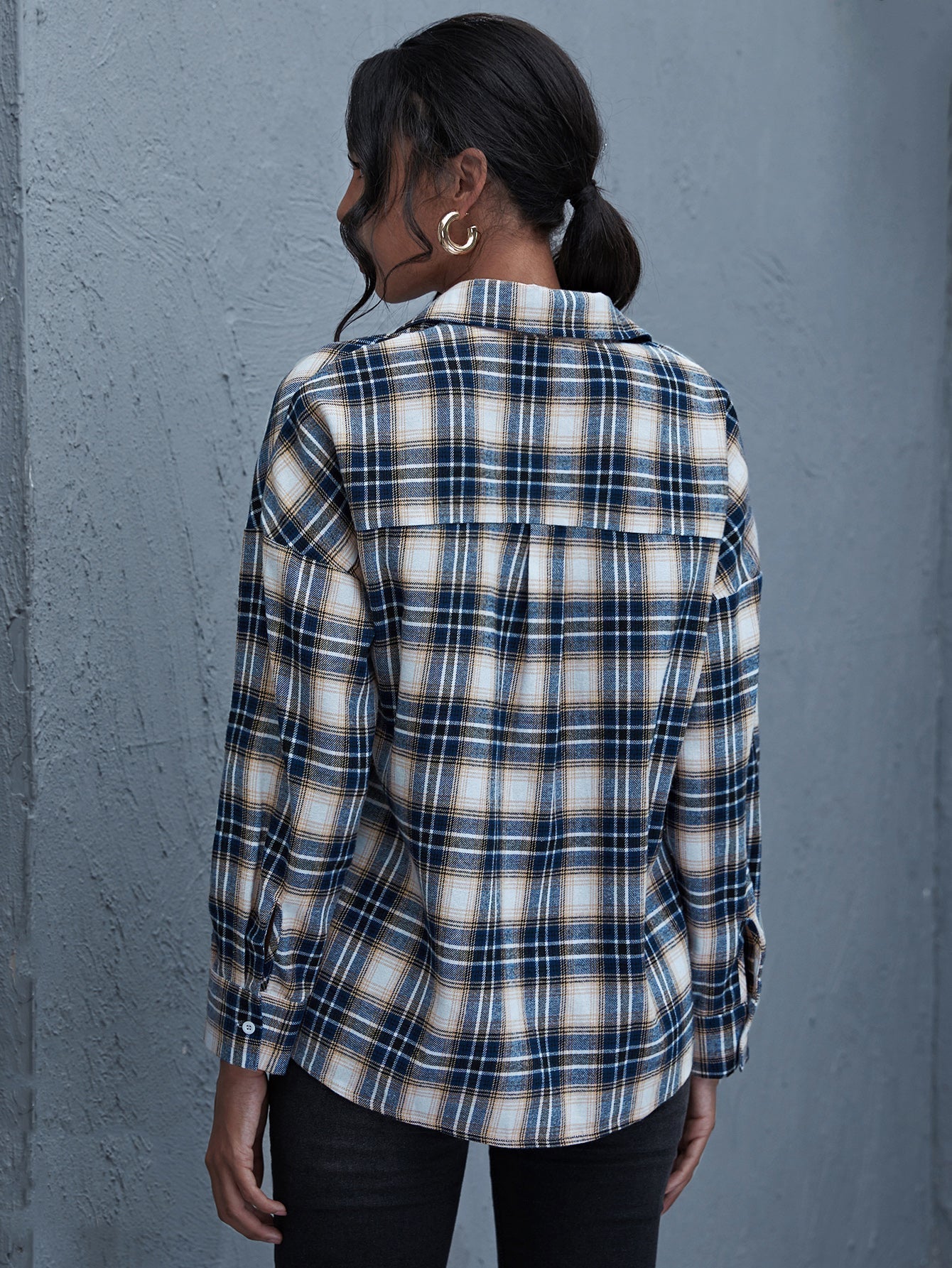 Plaid Print Drop Shoulder Blouse - Fashionpara