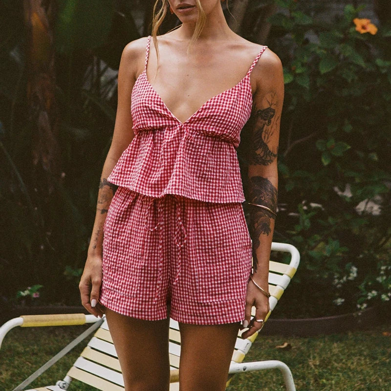 Plaid V Neck Backless Tie-Up Camis Elastic Waist Shorts Two Pieces Set