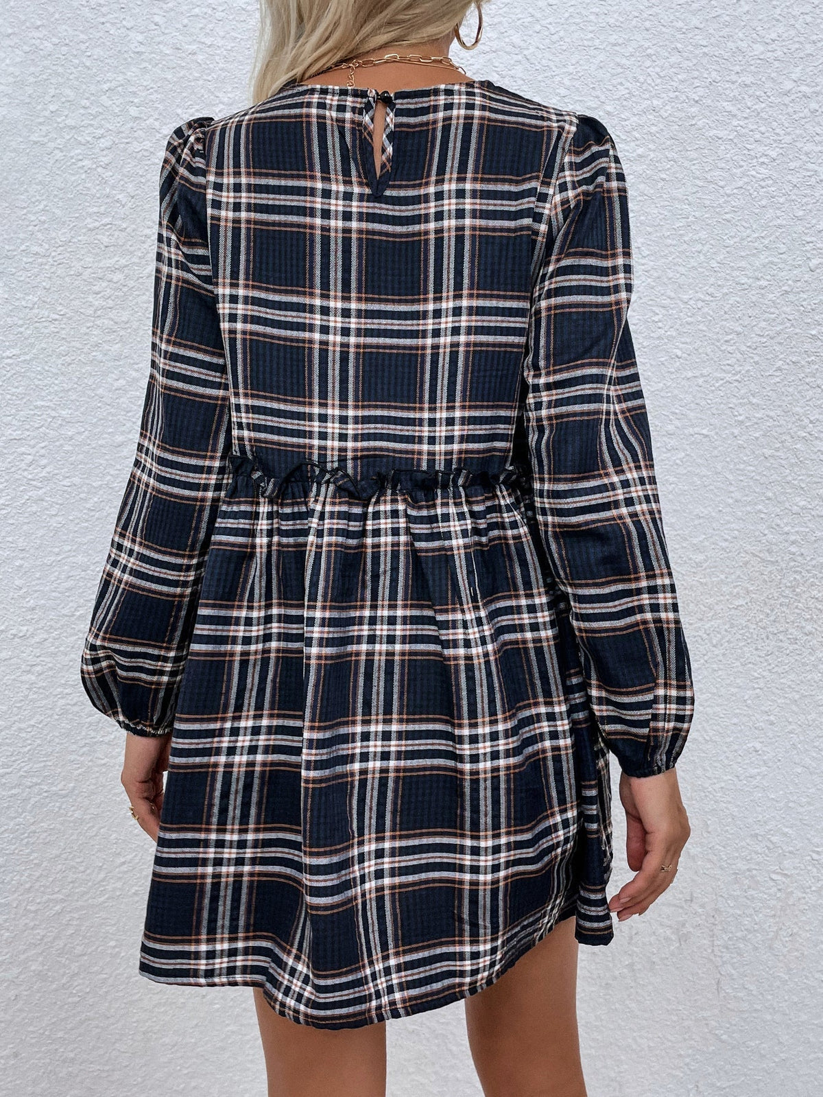 KittenAlarm - Plaid leisure long sleeve waist pleated dress