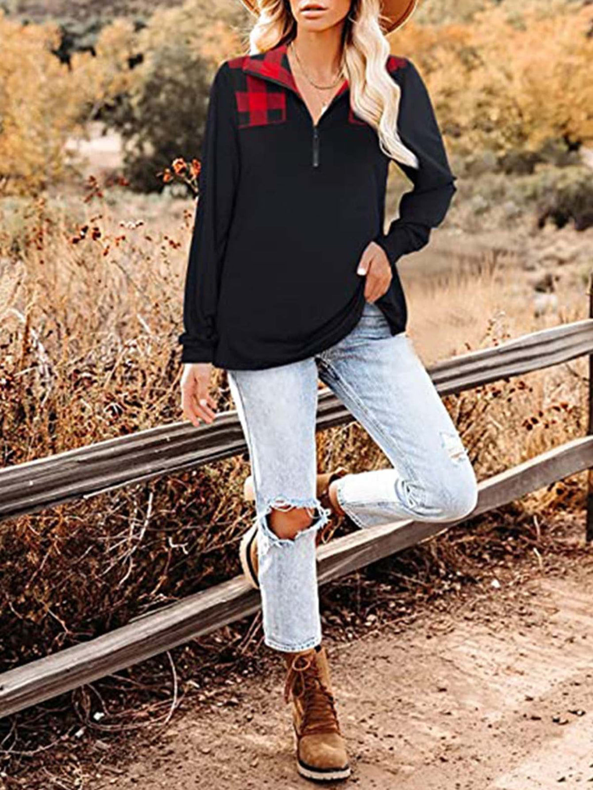 KittenAlarm - Plaid print patchwork zipper lapel long sleeve casual T-shirt top