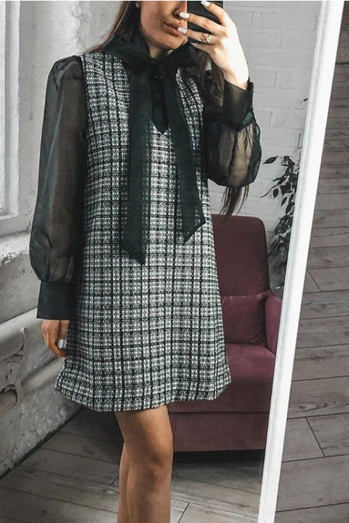 Plaid Tulle Patchwork Bowknot A-line Dress